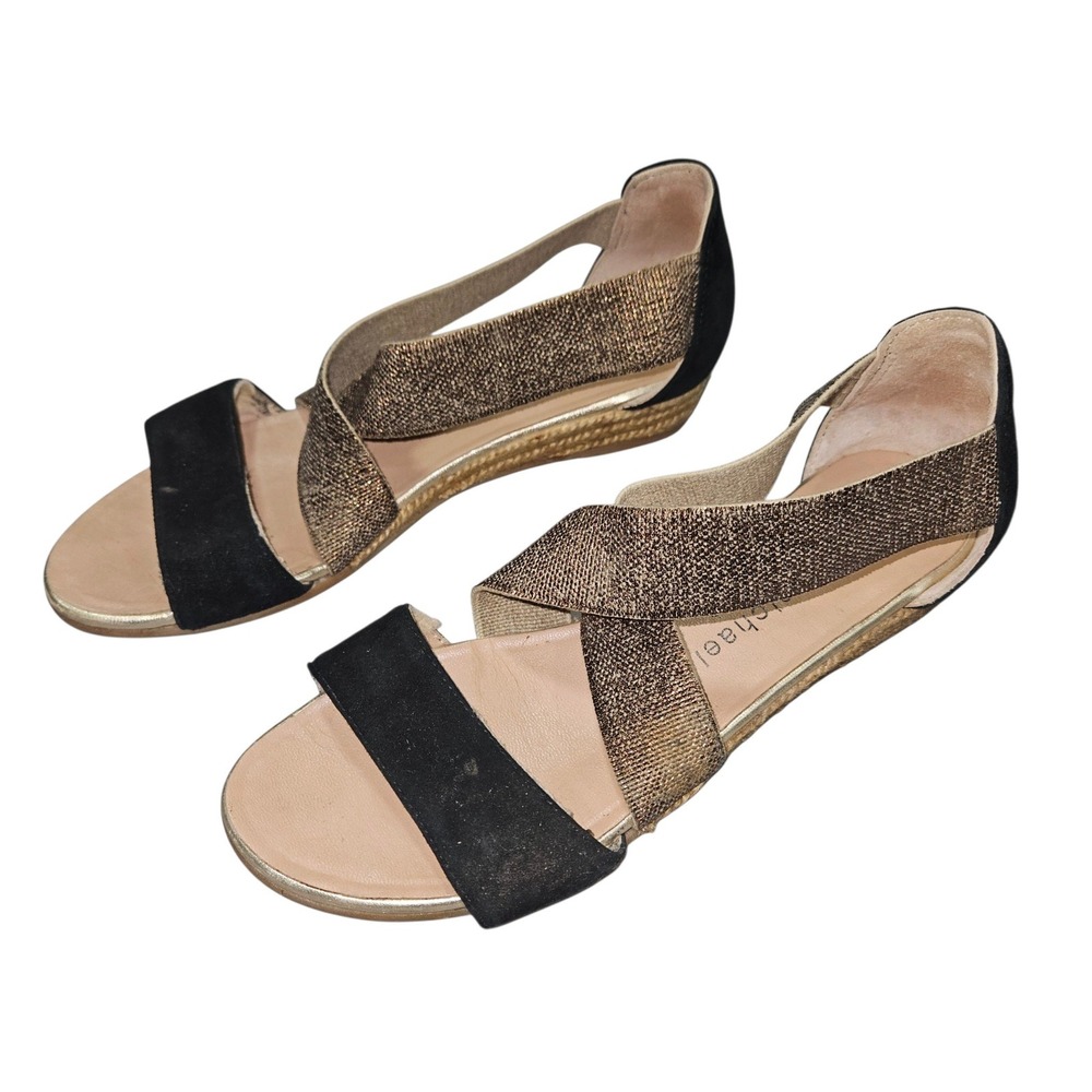 Eric Michael Low Wedge Espadrille Sandals Black Gold Metallic Sz 36